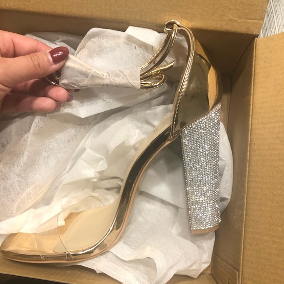 ✨ Rose Gold Rhinestone Lace up Strap Block Heel - Picture 6 of 7